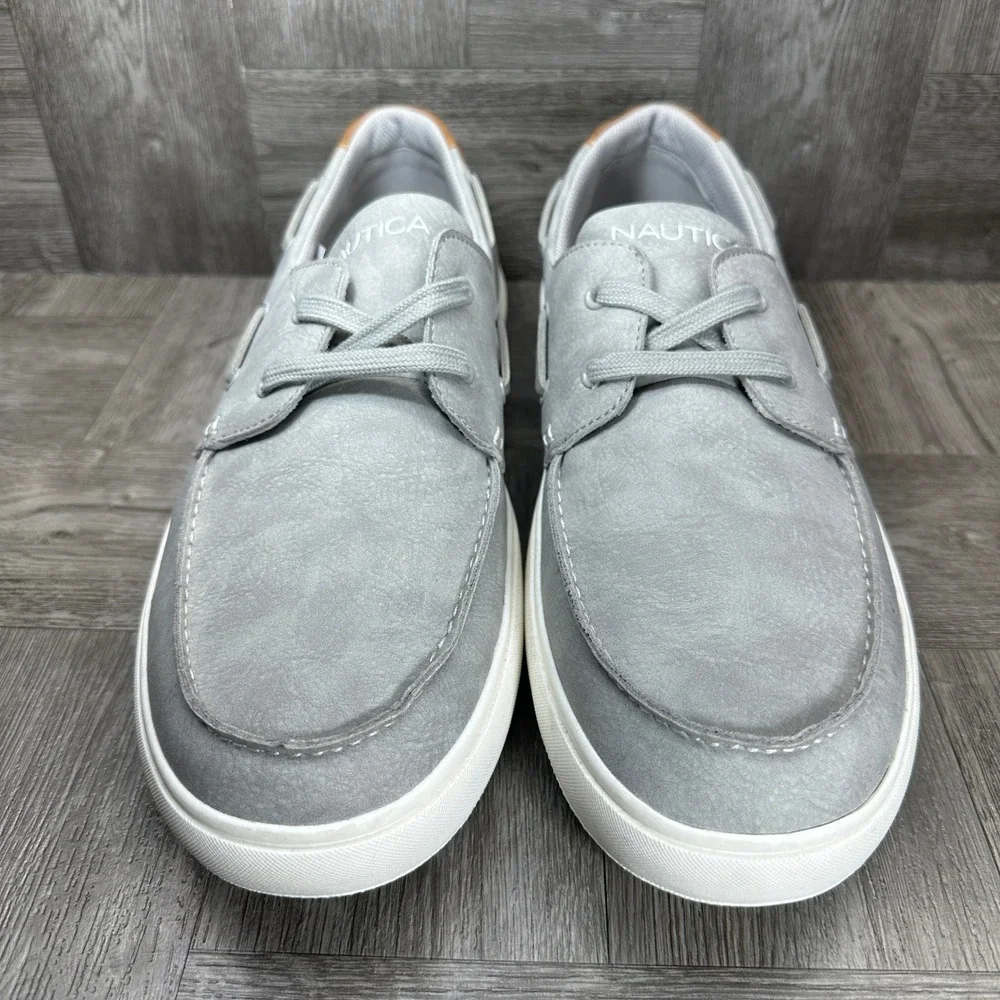 Nautica Boat Shoes Mens 13 Grey Faux Leather Nautical Casual Sneakers NEW